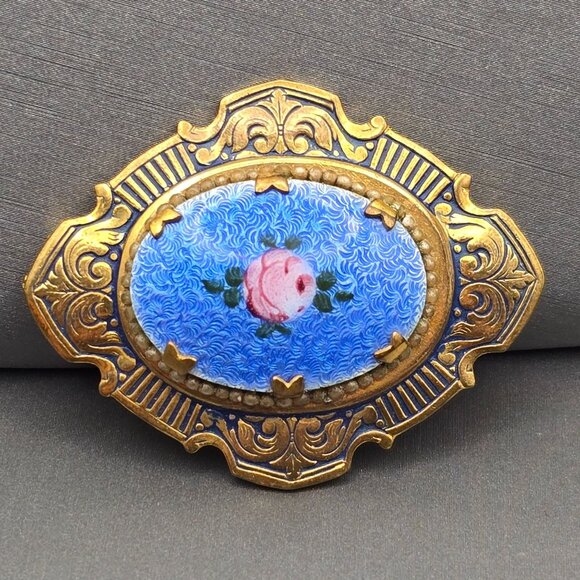 VTG Blue Guilloche Enamel w/ Pink Cabbage Rose Floral Pin Brooch 1.75" Gold Tone - Picture 1 of 6
